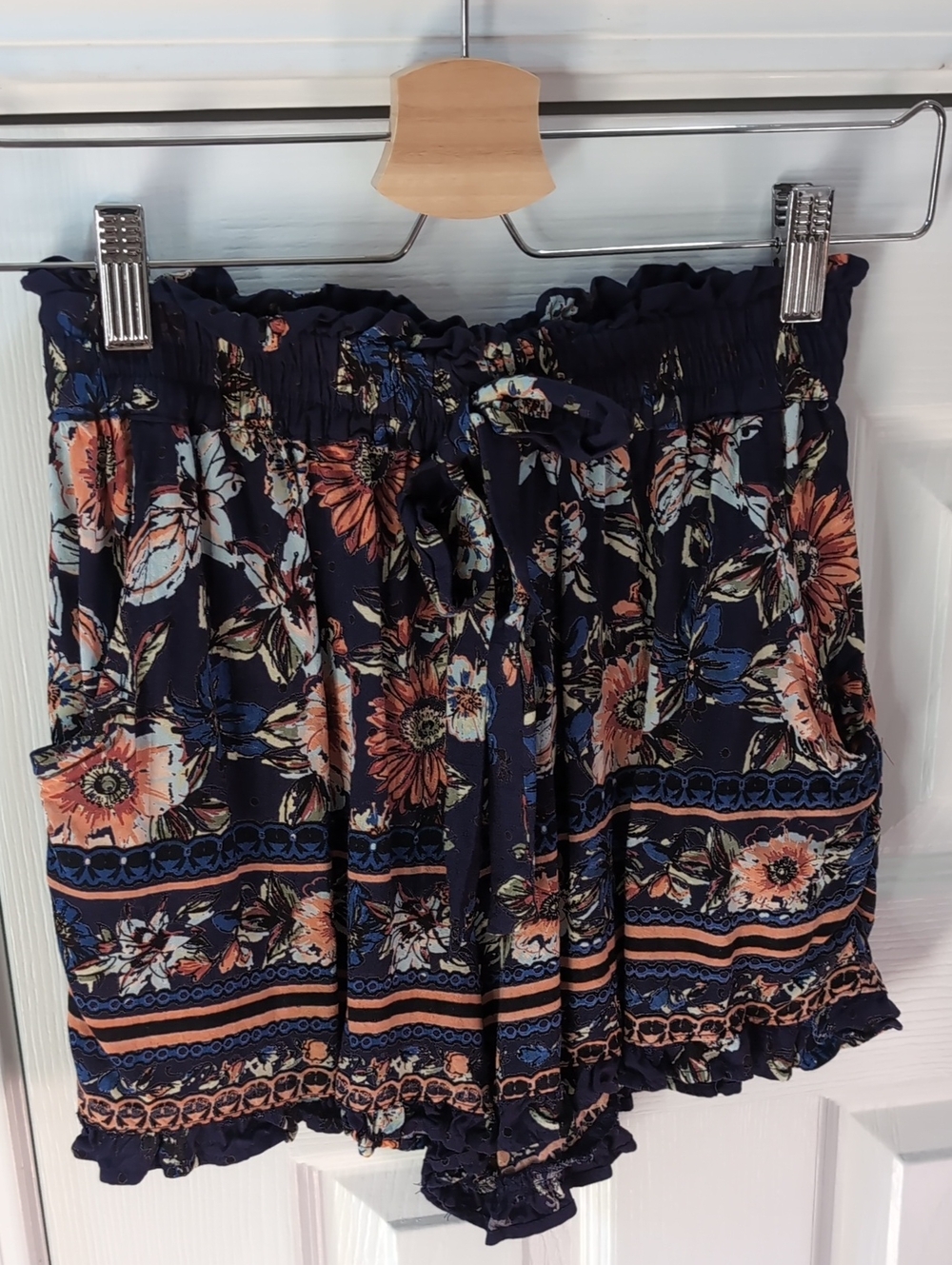 Navy Floral Smocked Waist Shorts with Coral & Blue Accents